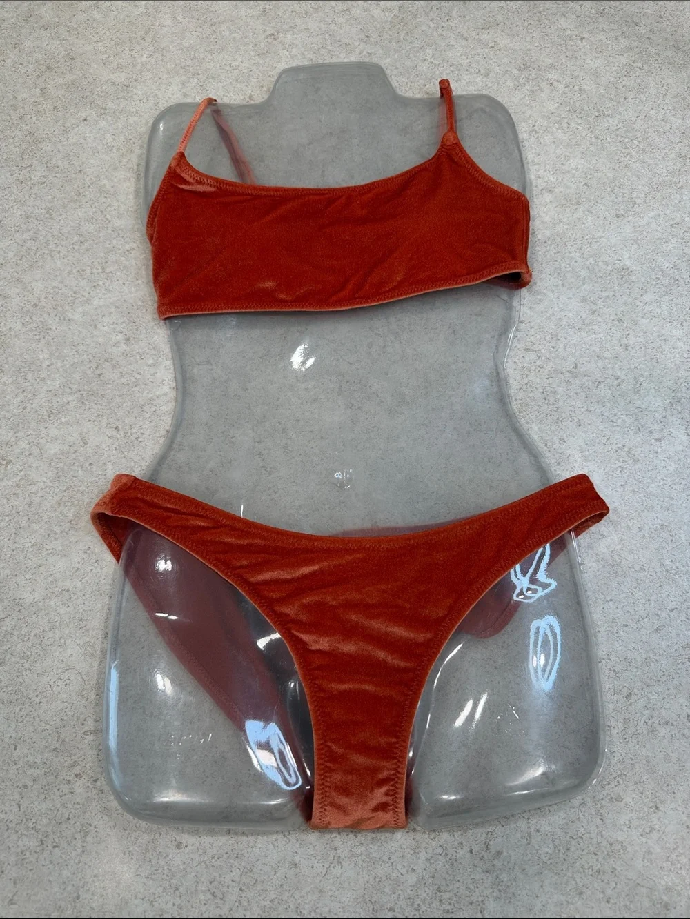 TRIANGLE SWIMWEAR RUST ORANGE VELVET CROP BIKINI SWIMSUIT TOP SMALL+. BOTTOM XS